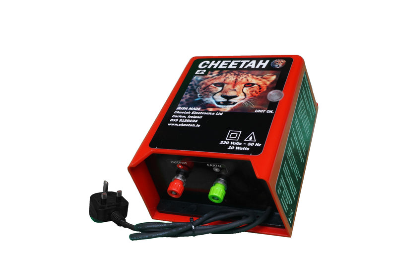 Cheetah E2 electric fence energiser. Product Specifications: Fence up to 50 acres or 7 miles of electric wire. 230v Mains powered. Low, Medium & High voltage settings. Suitable for cattle, horses, pigs & goats. Requires 2 x 1 meter earth bars for earthing. 2.5 output joule. 2 Year warranty. Description: First choice electric fence energiser for averaged sized cattle farms.