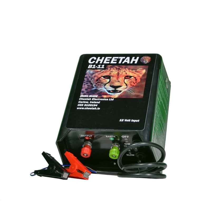 B1-11 Electric Fence Energiser. Fence up to 40 acres or 7 mile of electric wire. Compatible with the Cheetah 20w Solar Panel. Fast/Slow pulse rate. One output voltage. 12v 100Ah battery life 2/4 weeks. Requires 1 x 1 meter earth bars for earthing. 2 output joule. 2 Year warranty.