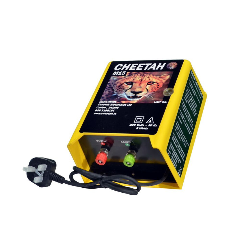 Cheetah M15 electric fence energiser. *Free Shipping Included Product Specifications: Fence up to 10 acres or 1 mile of electric wire. 230v Mains powered. One output voltage. Suitable for horses, dogs & chickens Requires 1 x 1 meter earth bars for earthing. 1 output joule. 2 Year warranty. Description: This energiser is suitable for strip grazing. It is an economy model fencer. 